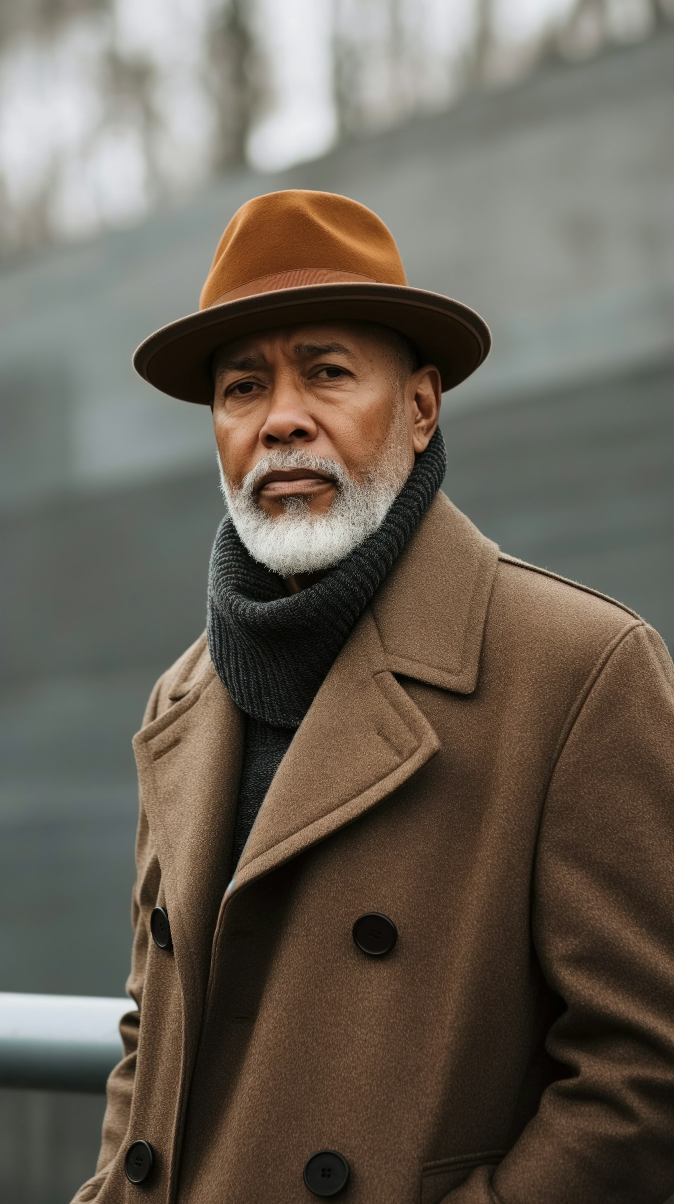 A man wearing a brown coat and a brown hat.